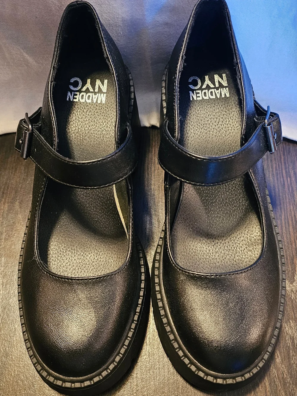 Madden NYC Thompkins black chunky platform Mary Jane shoes.